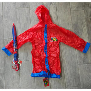 NEW Boys Super Mario Bros Red Blue Raincoat & Umbrella Set Size Large Hooded
